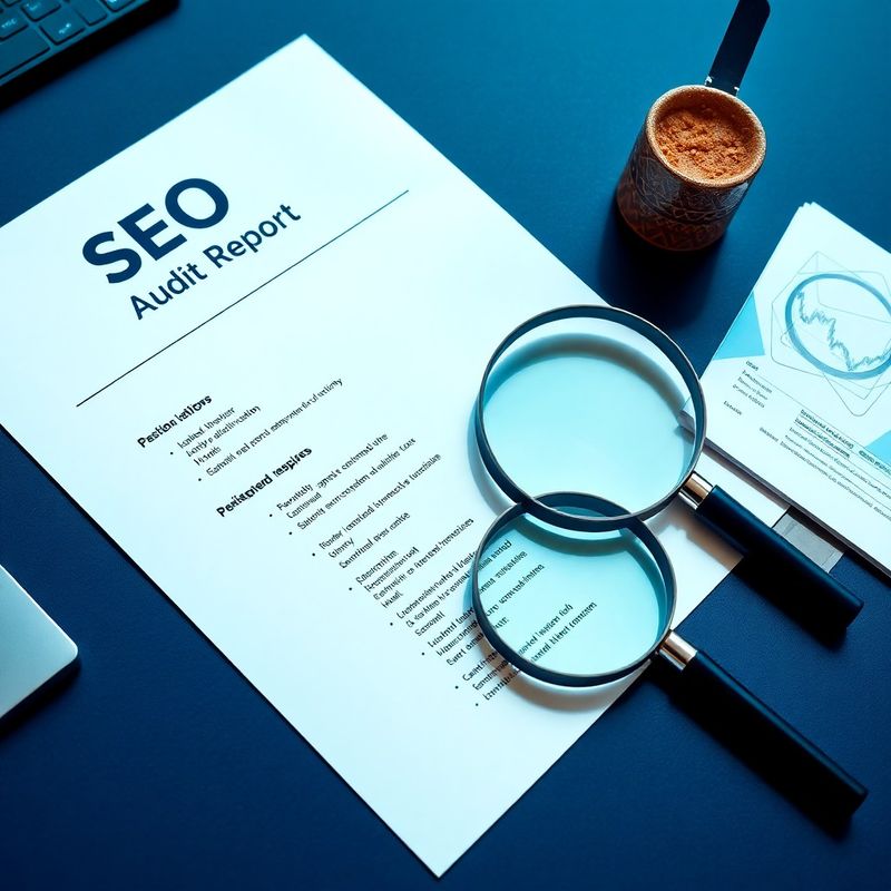 SEO audit izvještaj s istaknutim akcijskim stavkama i povećalom